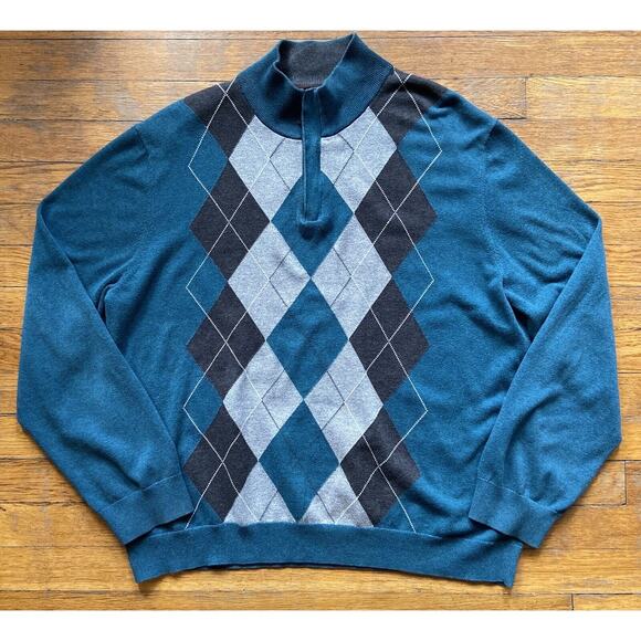 TASSO ELBA Blue 1/4 Zip Cotton Argyle Pullover Sweater sz Large - Picture 1 of 8